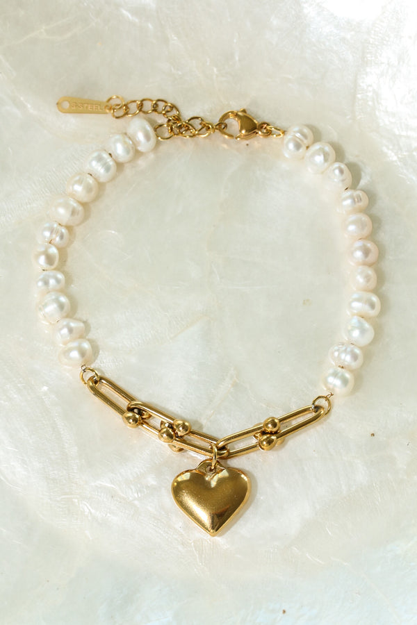 Pearl Heart Gold Tone Beads Charm Bracelet - Tiaraa