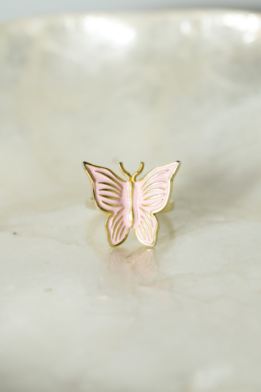 Pink Enamel Butterfly 925 Ring