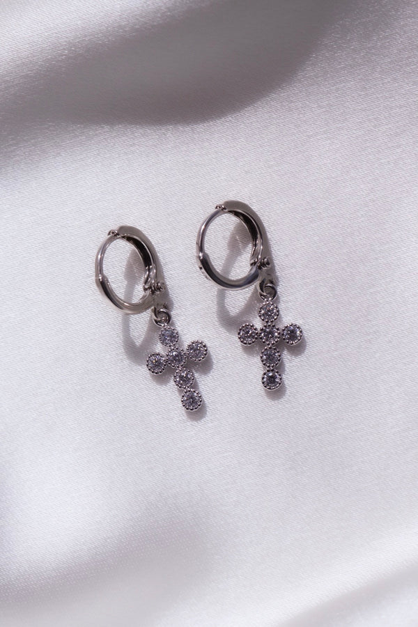 Silver Trinity Cross Huggie Earrings-Chvker Jewelry