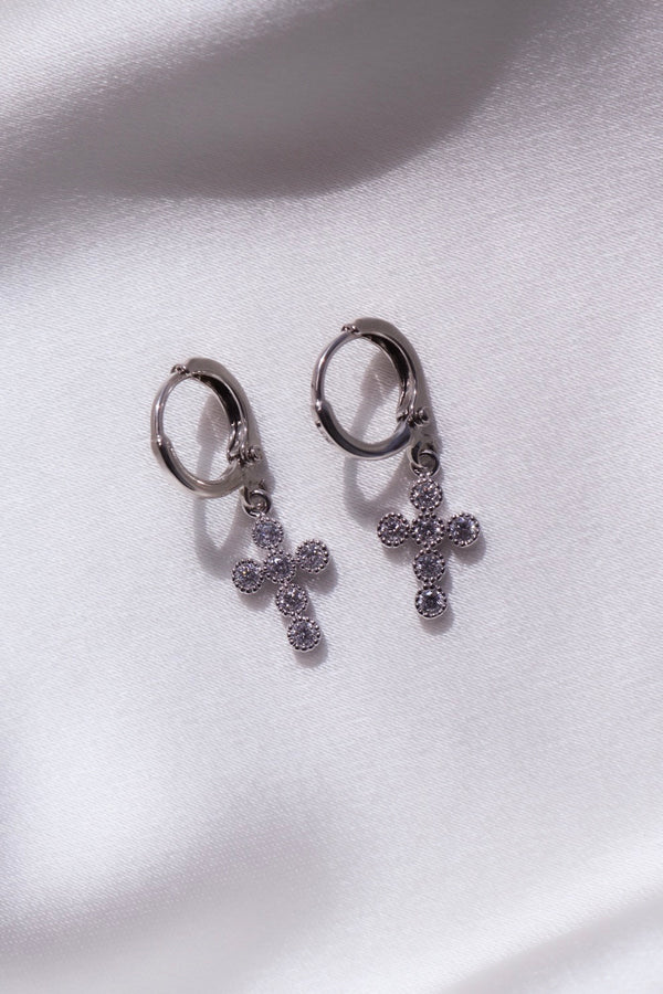Silver Trinity Cross Huggie Earrings-Chvker Jewelry