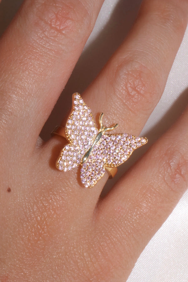 Pink Pavé Butterfly Vermeil Ring-Chvker Jewelry